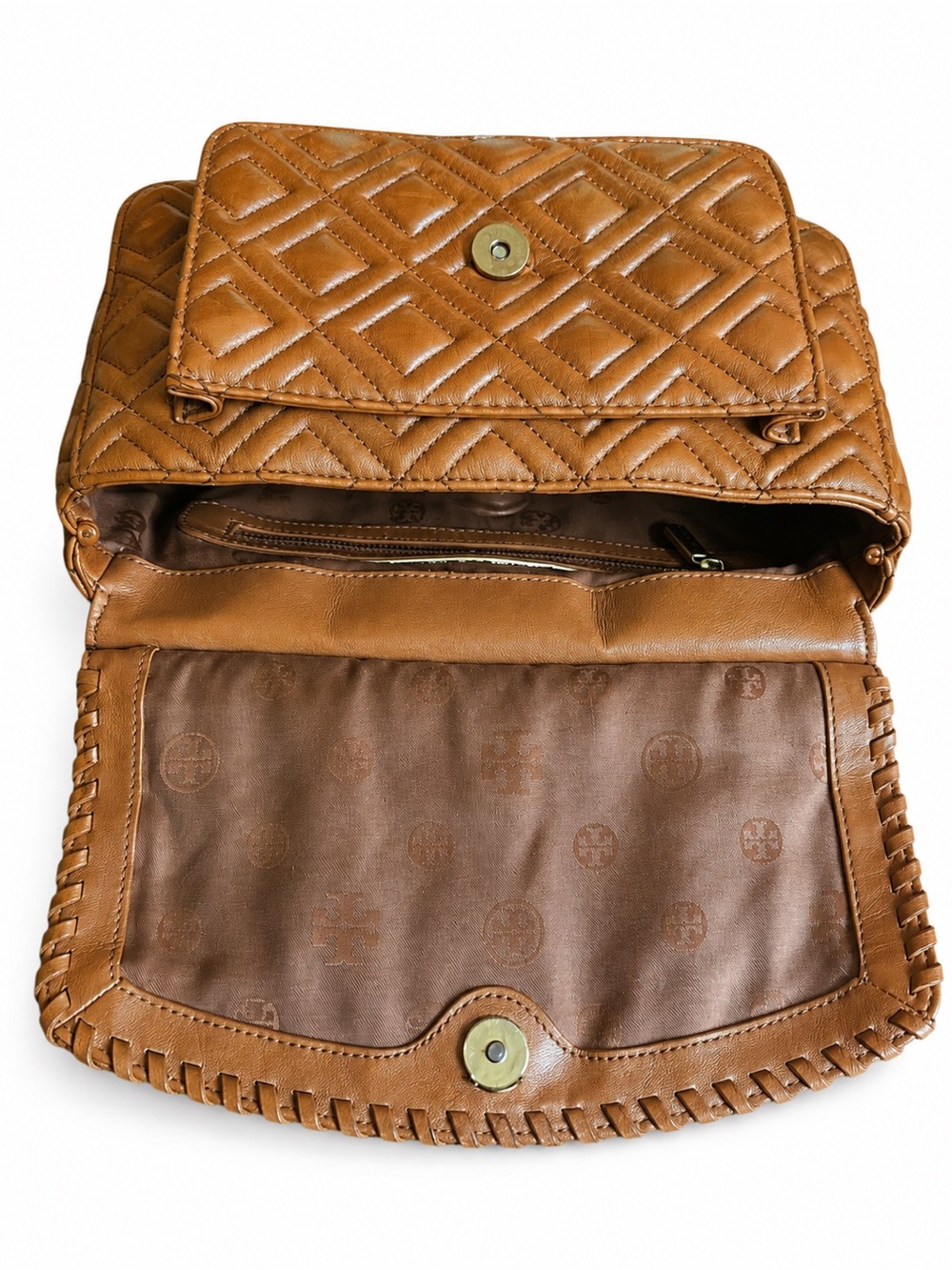 Tory Burch Fleming Brown Leather Quilted Shoulder Bag Chain Strap Whipstitch - Picture 6 of 15